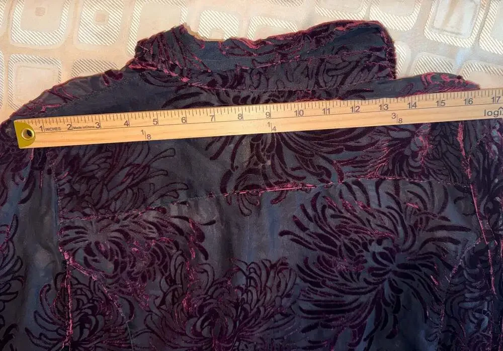 Chico's Black and Burgundy Floral Burnout Velvet Button-Down Shirt WhimsyGoth - Picture 9 of 12